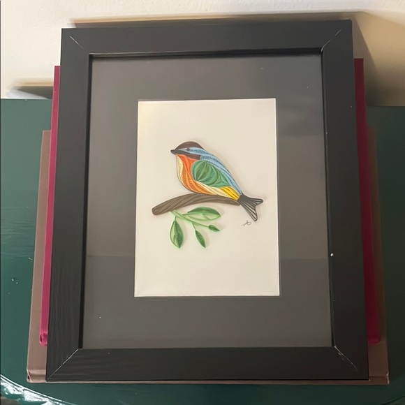 Handmade Other - Handmade Quilled Paper Filigree Colorful Bird on Branch Signed Art Work Framed